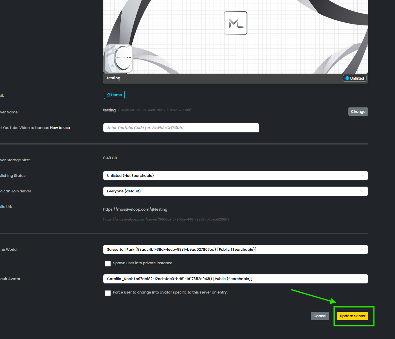 Update Server button