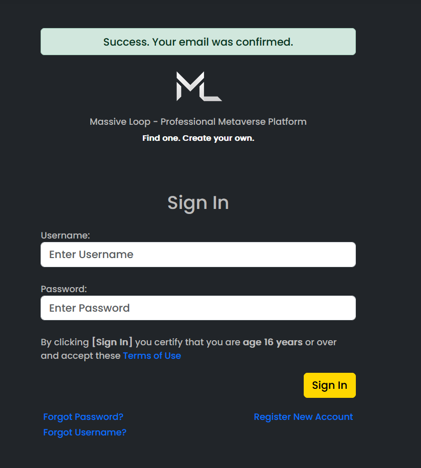 Sign in form after email confirmation