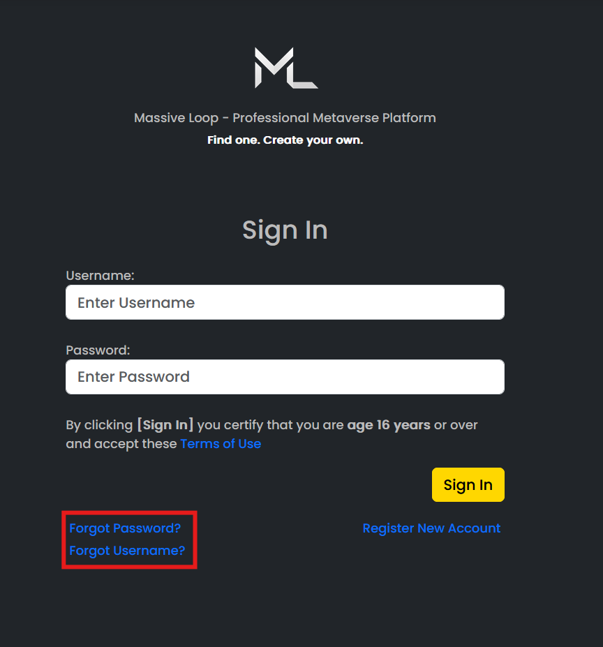 Sign in page, account retrieval buttons